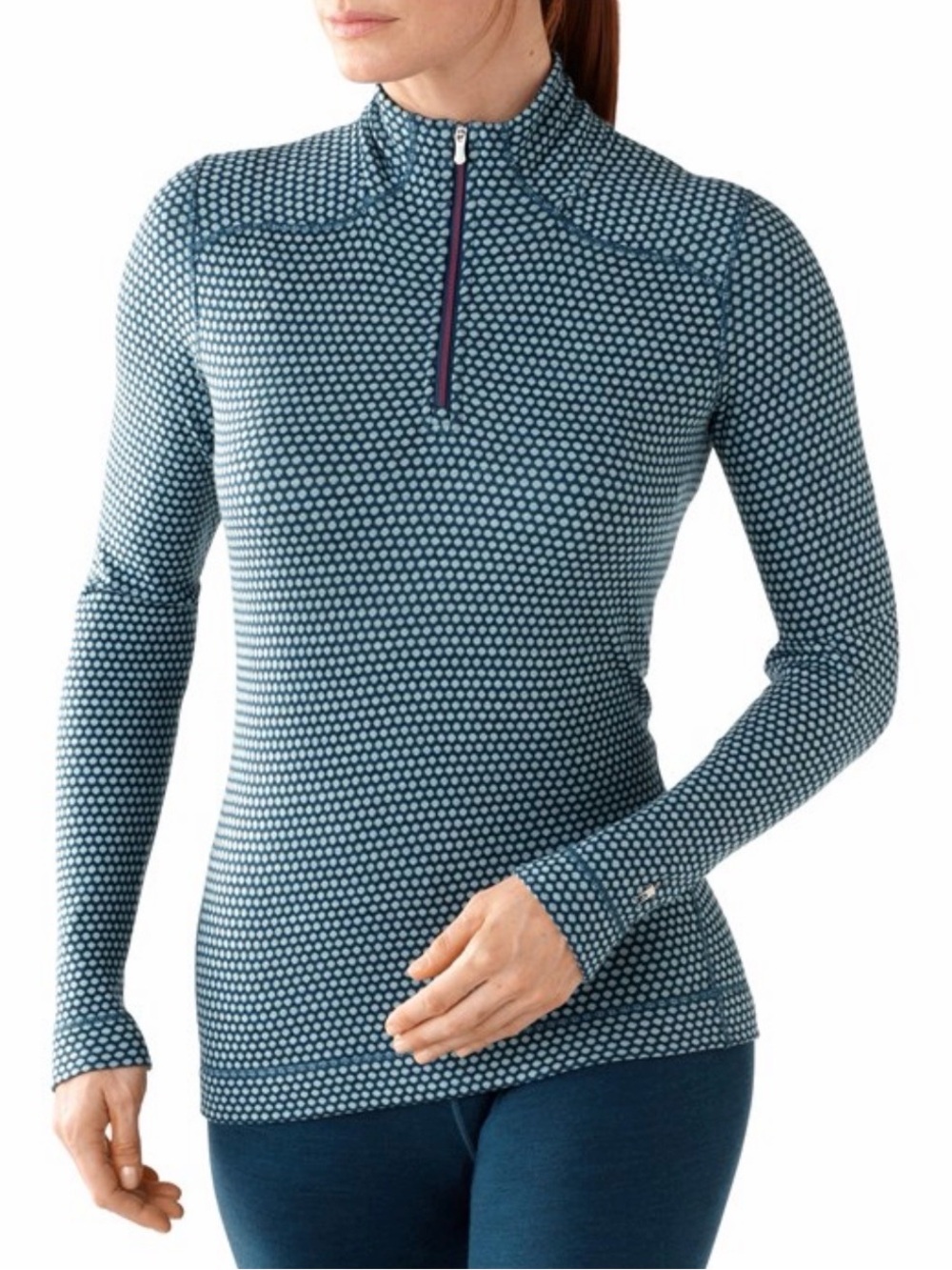 Smart Wool 1/4 Zip Merino Wool Navy Polka Dot Pullover Baselayer Large Hiking